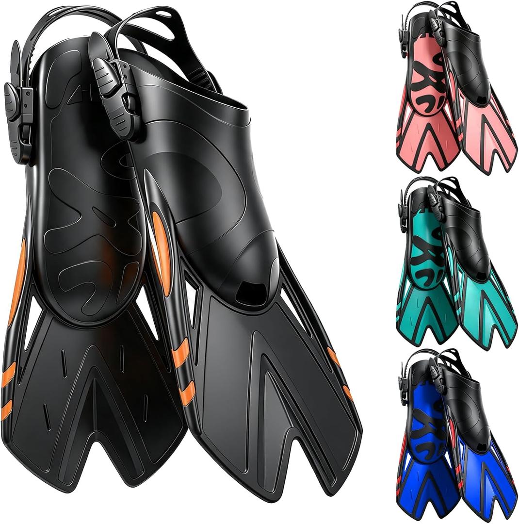 Snorkel Fins, Swim Fins Travel Size Short Adjustable for Snorkeling Diving, Open Heel Swimming Flippers for Adult Men Women Large-X-Large