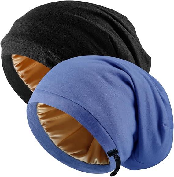 2 Pcs Adjustable Silk Hair Bonnet for Sleeping, Satin Lined Sleep Cap for Women and Men, Silk Hair Wrap Slouch Beanie