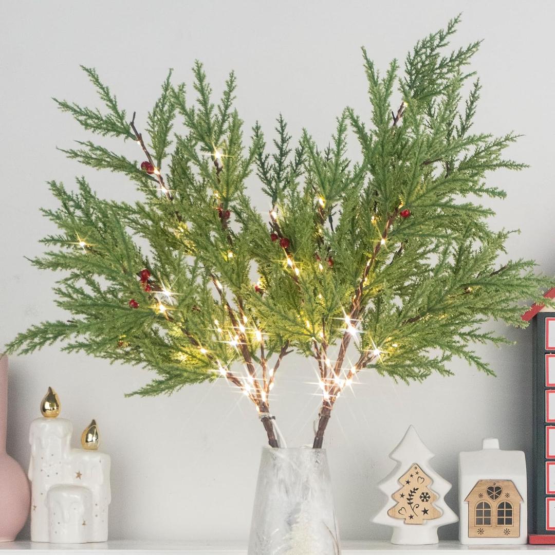 Lighted Artificial Pine Branches for Vases, 28" Christmas Cypress Sprigs with 60 LED Lights, Battery Operated or USB Plug in, Indoor/Outdoor Holiday Decorations (2PCS)