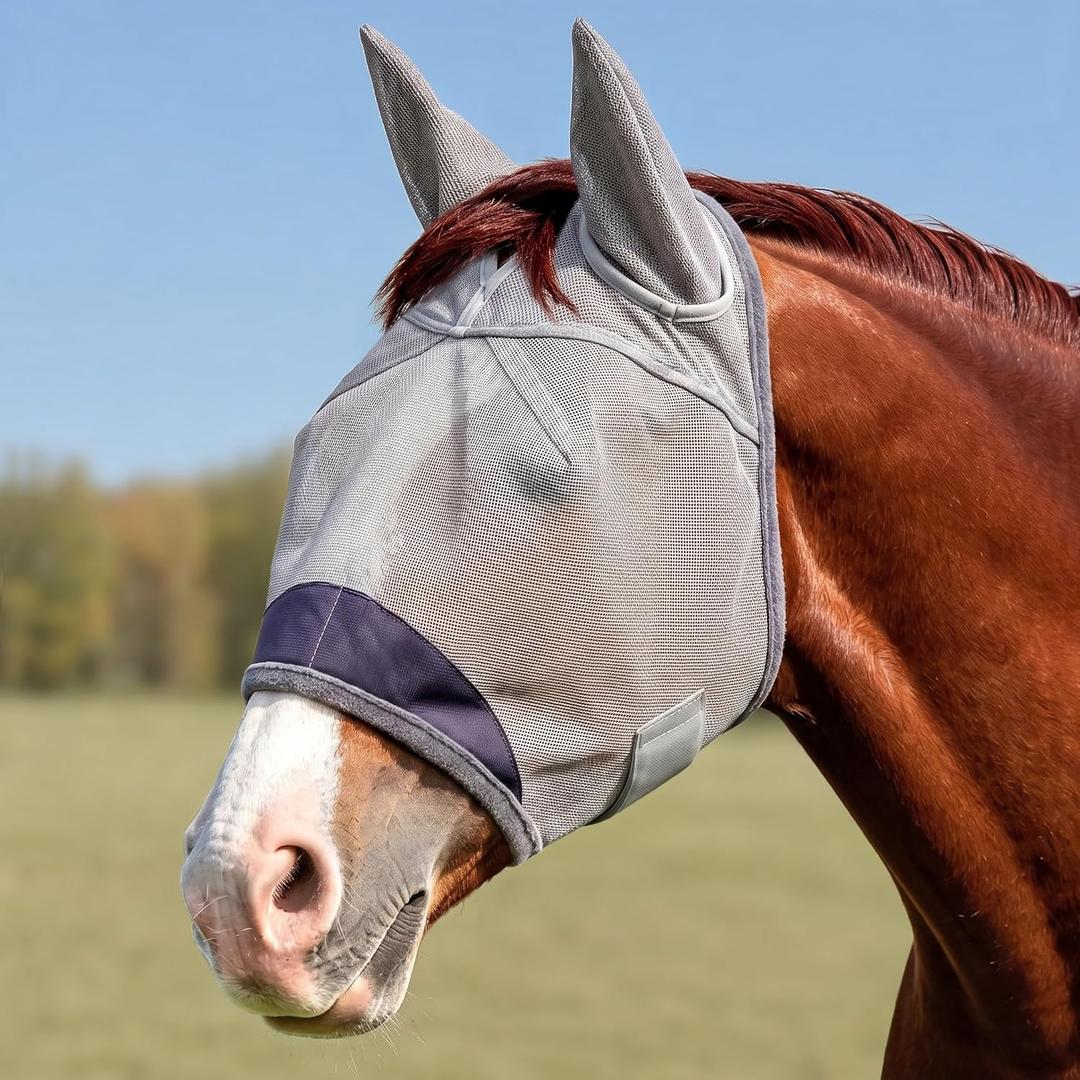 Horse Fly Mask, Super Comfort Fly Masks for Horses, Adjustable UV Protection Breathability Horses Fly Masks with Ears, Pony Mini Equine Fly Mask for Miniature Foal Draft Cob Srabian Full (Gray, M)