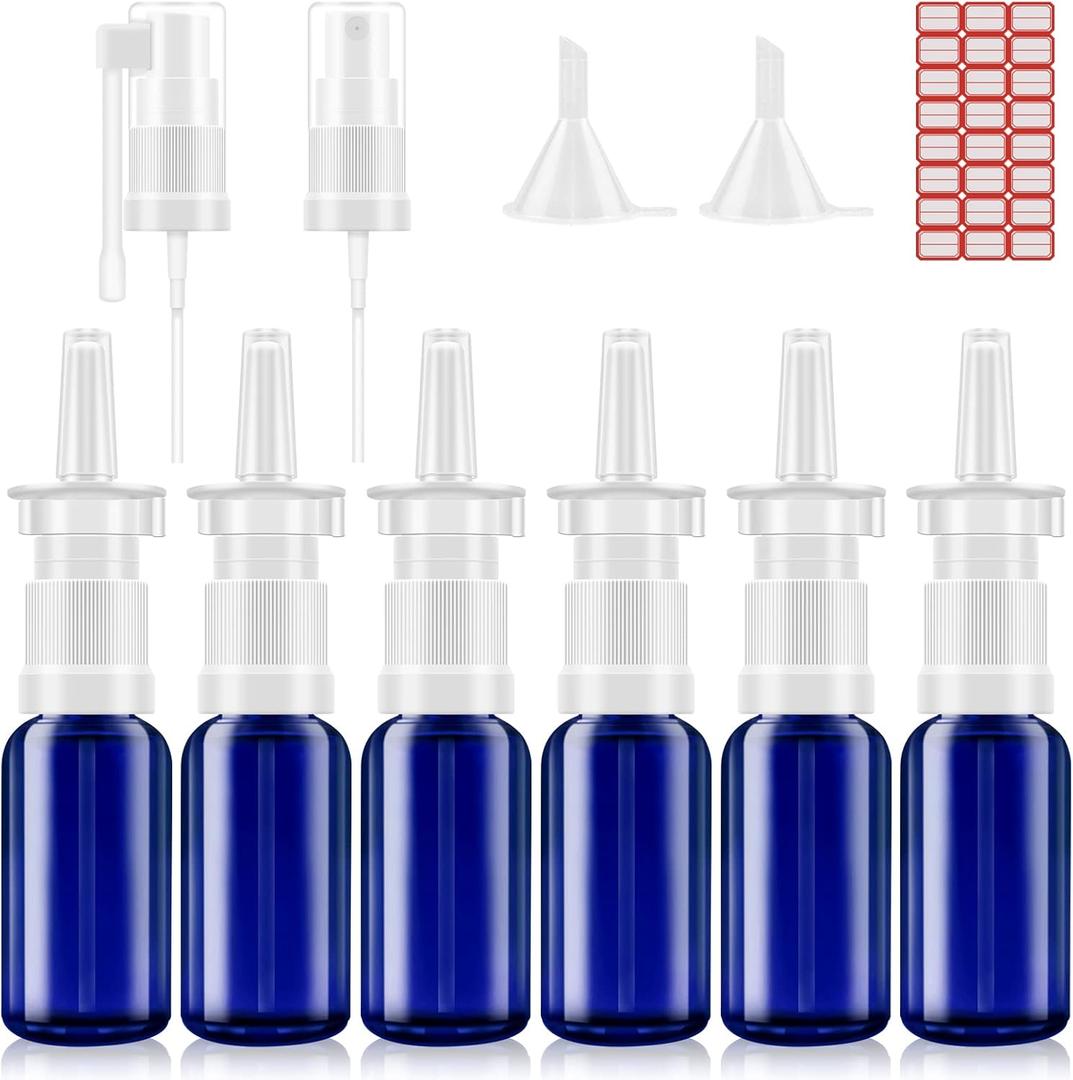 FZENeast Nasal Spray Bottle, 6 Pcs 30ML/1oz Glass Refillable Continuous Fine Mister Spray Bottles, Small Empty Nasal Sprayer with Different Sprayers, Funnels, Travel Clips and Labels(Blue)