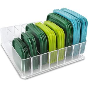 Bawuie Lid Organizer for Food Storage Container, Plastic Lid Holder with 7 Adjustable Dividers for Kitchen Pantry Cabinet and Drawer, Countertop Cupboard Lid Organization, Medium, Clear
