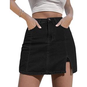 luvamia Skorts Skirts for Women Denim Mini Skirt Side Slit with High Waisted Jean Shorts Stretchy (Black, L)