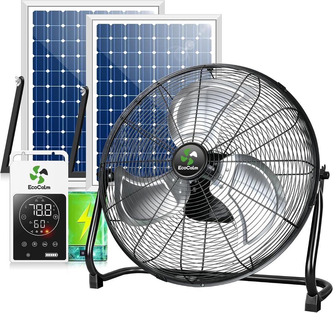 ecoCalm Solar Fan High Airflow, Solar Fans for Outside with Thermostat & Battery, 18" Solar Powered Fan with 60W Panel for Greenhouse, Gazebo, Chicken Coop