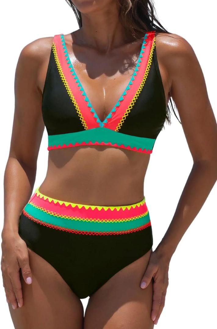 popvil High Waisted Bikini Sets for Women Two Piece Swimsuit Neon Bathing Suits V Neck Full Coverage Swim Suits 2026, L