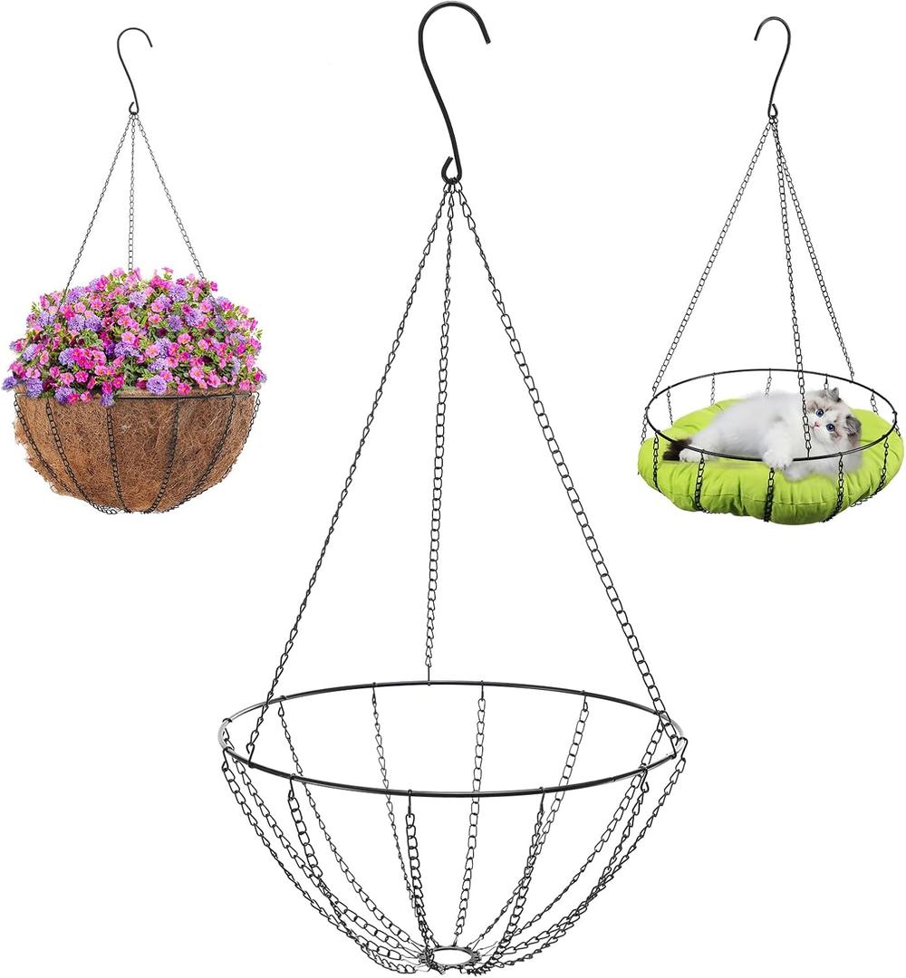 3PCS 14 Inch Metal Hanging Planter Basket for Plants, Round Metal Hanging Planter Baskets for Outdoor Plants, Round Hanging Wire Baskets for Plants with Chain for Outdoor, Porch, Lawn, Garden