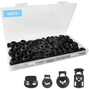 40Pcs Cord Lock, Plastic Cord Locks for Drawstrings, Black Spring Toggle Stopper with 4 Sizes, Elastic Cord Adjuster Shoelace Fastener Lock for Drawstring, Paracord, Shoelaces, Clothing and Bags