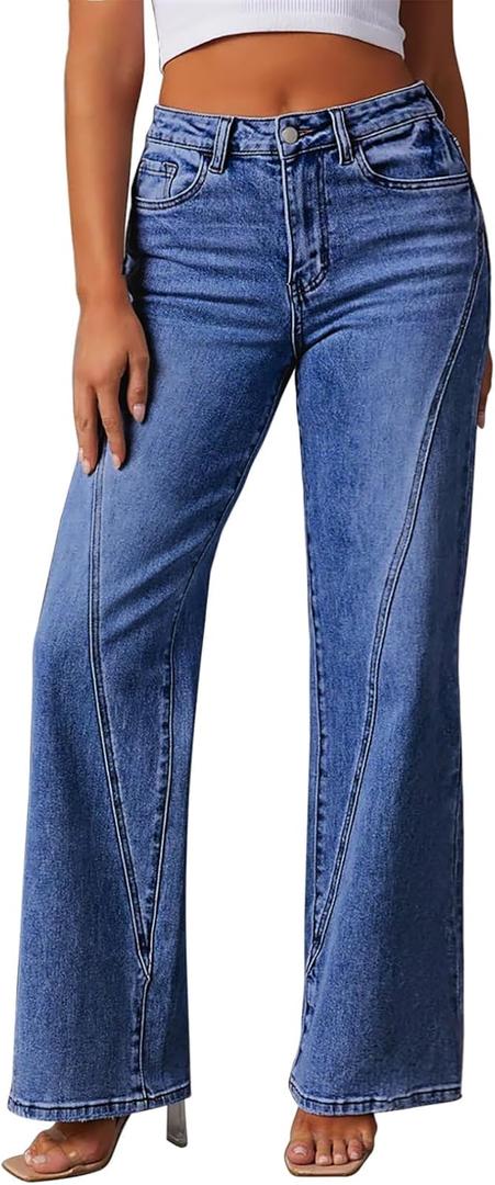 Pink Queen Wide Leg Jeans for Women 2025 High Waisted Casual Loose Fit Denim Pants Trendy Seamed Long Trousers with Pockets (Medium, Dark Blue)