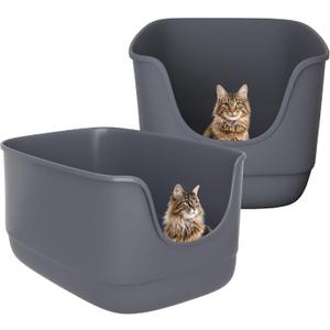 High Sides Cat Litter Box 24.6''Lx18.3''Wx12.2''H Jumbo Litter Pan for Multi Cats Households, Extra Large Open Big Cat Litter Box with High Wall Anti-Splashing for Kitty(Pack of 2) (Grey+Grey)