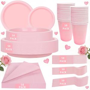 MirthMood 350pcs Pink Plates Disposable Including Pink Plastic Plates, 12OZ Cups, Plastic Cutlery and Napkins Serve 50 Guests for Spring Wedding,Birthday Party Dinner,Daily Use