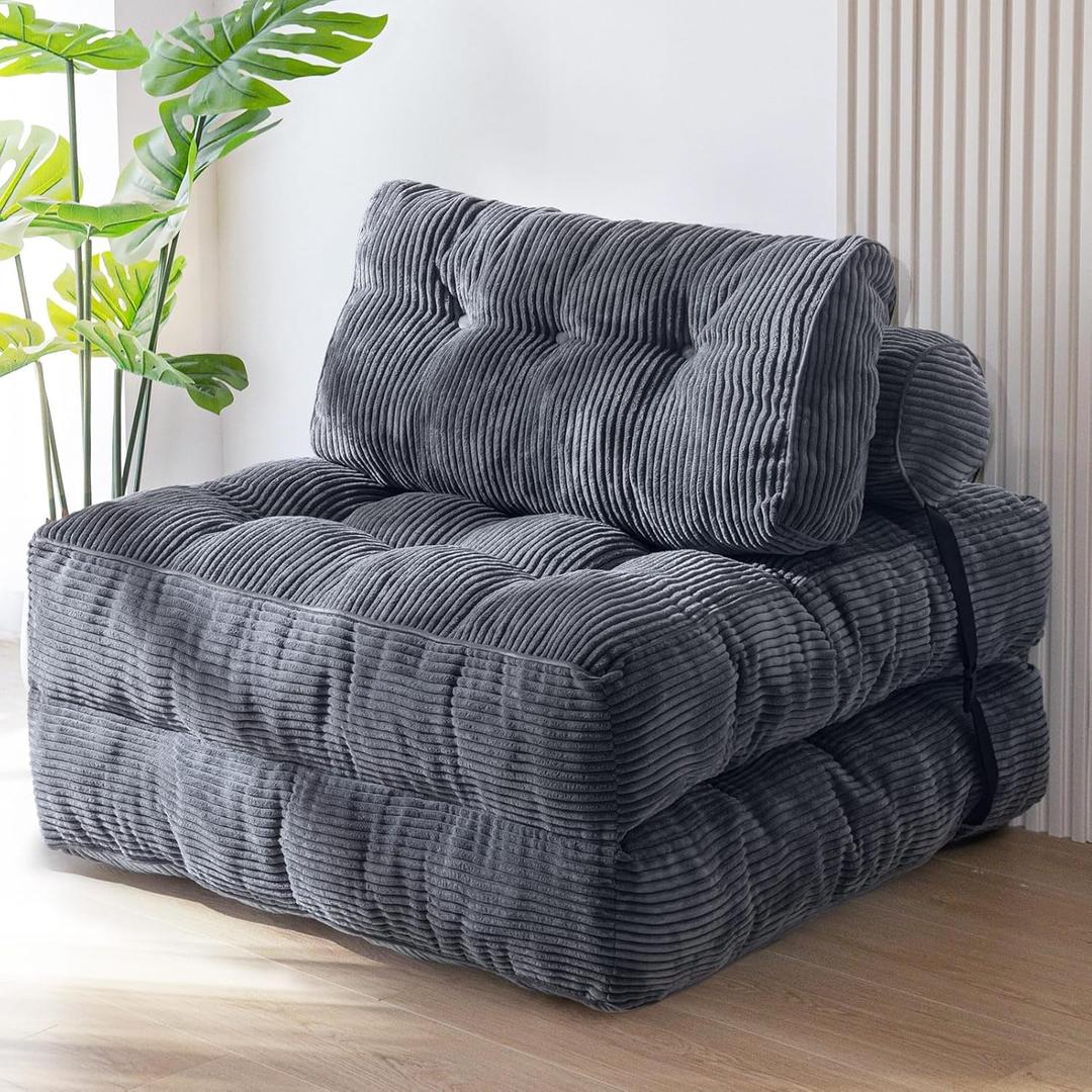 MAXYOYO Folding Sofa Bed, Convertible Sleeper Chair with Pillow Foldable Mattress with Back Support, Portable Fold Out Chair Bed Comfy Floor Sofa Lounge for Living Room Bedroom, Dark Grey, Single