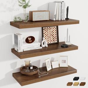 Fun Memories Deep Floating Shelves, 32W x 12D Walnut Wall Shelves, 32 Long Rustic Wood Wide Storage Shelves for Bedroom, Kitchen, Farmhouse, Laundry Room, Bedroom, Kitchen, Home Office- Set of 3