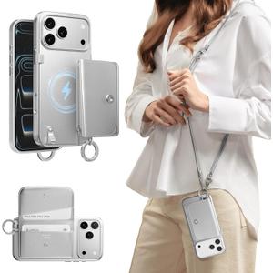 MAGEASY Compatible with iPhone 17 Pro Max 6.9" Wallet Case with Crossbody Strap - Compatible with MagSafe Detachable Coin Purse & Card Slot, Crossbody Lanyard, 16ft Drop Protection | Pouch M (Silver)