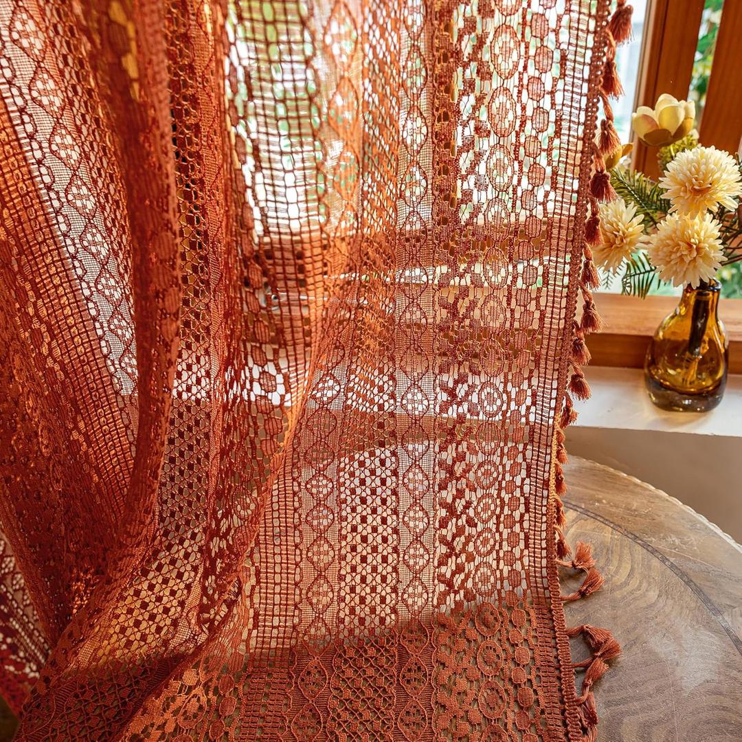 WAZZIO Boho Lace Curtains 84 Inches 2 Panel,Light Filtering Privacy Tassel & Geometry Crochet Semi Sheer Curtain Drapes for Bedroom Living Dining Room,Rod Pocket & Tassel,Full Decor,Burnt Orange