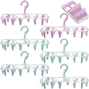 6 Pack Clothes Drying Rack, Small Folding Portable Underwear Hangers with 12 Clips, Plastic Laundry Clip and Drip Drying Hanger with 360° Rotatable Hook for Socks Towels Bras Clothes Gloves