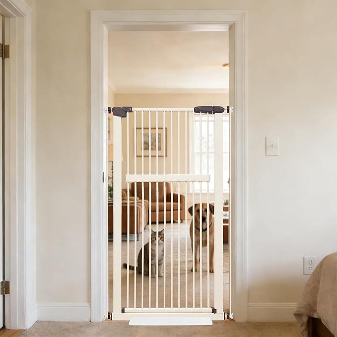 xtra Tall Pet Gate 55.12" High Pressure Mounted 30.12"-34.05" Extra Wide (9 Sizes) 1.37" Gap for Cat Dog Stairs Doorway Hallway No Drilling Auto-Close (30.12"-34.05" W, Cream White) MFG Date: 05/31/2025