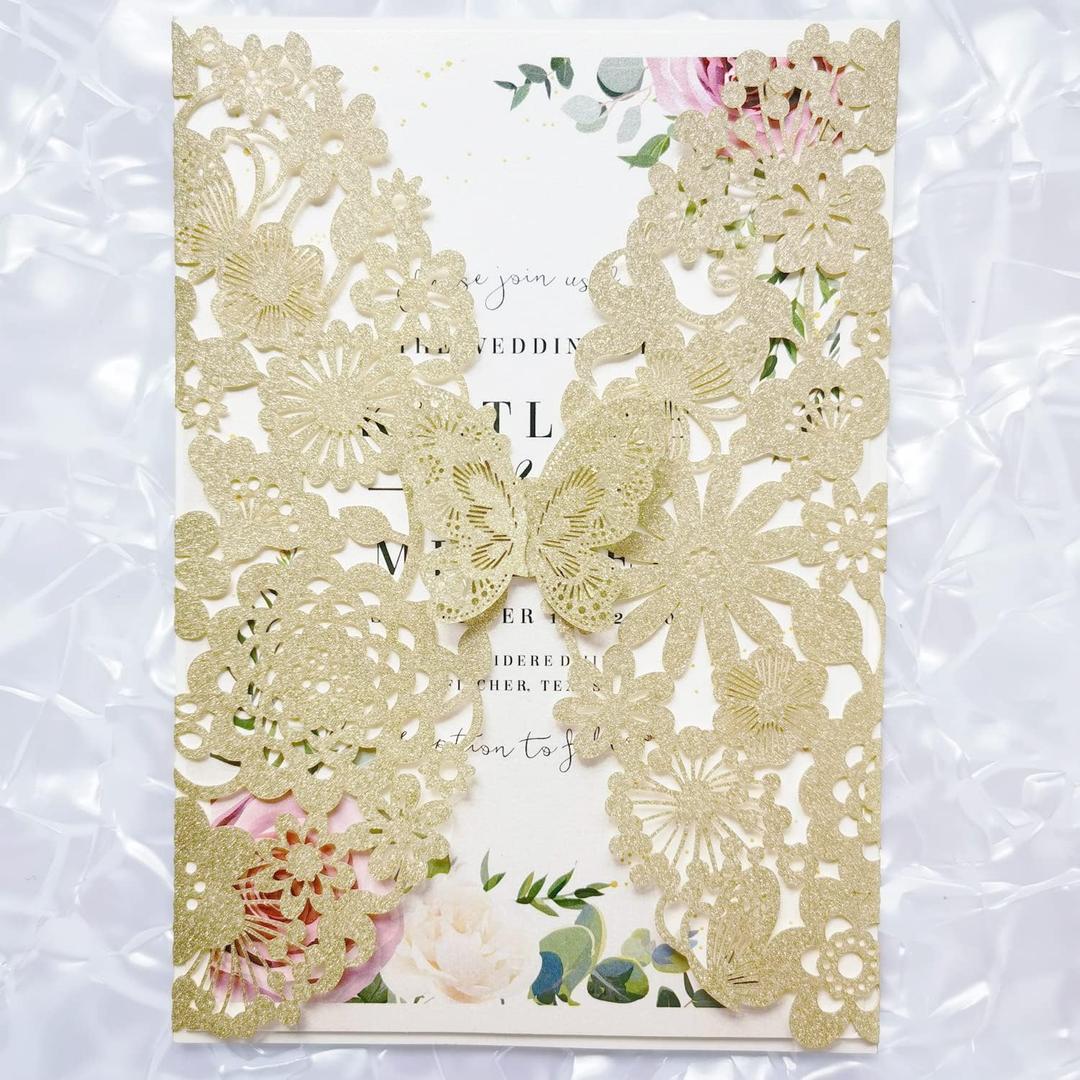 5''x7.3'' 20PCS Champagne Wedding Invitation Cards with Butterfly and Envelopes Glitter Laser Cut Lace Flora Invitations for Wedding Engagement Quinceaera Party (Champagne Glitter)