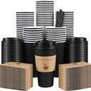Clawsoff 50 Pack 20 oz Coffee Cups with Lids, Disposable To Go Paper Coffee Cups with Sleeves and Stirring Sticks for Hot/Cold Drinks Office Home Shop Event (Black)