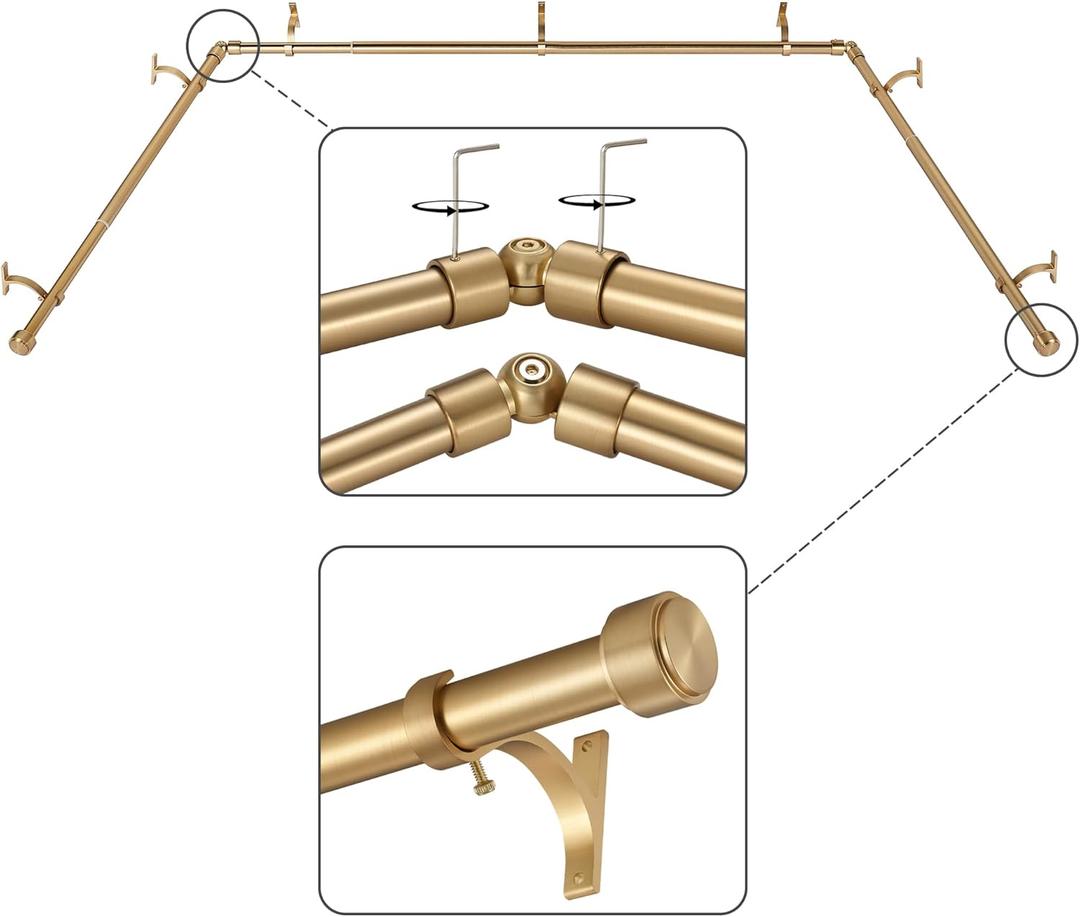 Warm Gold Bay Window Curtain Rods with Aluminum End Cap Finials and Brackets,Adjustable 36-72 Inch Center Rod for windows (24-68), 20-36 Inch Side Rods for windows (16-32),1 Inch Diameter