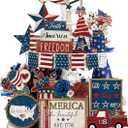 26 Pcs 4th of July Tiered Tray Decoration Patriotic USA Wood Signs Rustic America Flag Red White and Blue Tiered Tray Decorations for Memorial Day Home 250th Anniversary Birthday Party