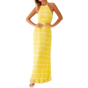 ABYOVRT Women Backless Dress Sleeveless Textured Halter Open Back Maxi Dresses Vacation Wedding Guest, L