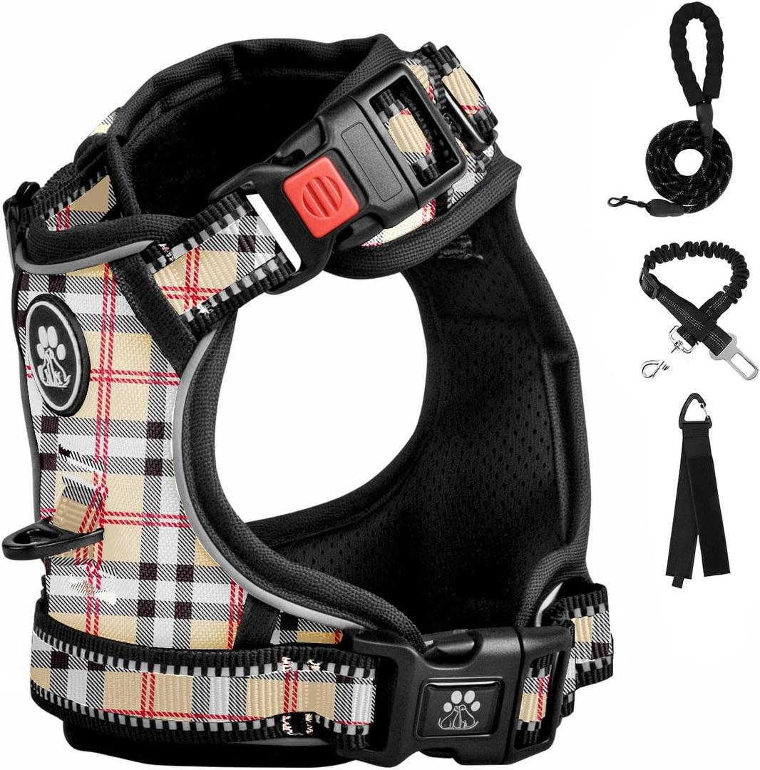 FURRYFECTION Plaid Dog Harness for Small Dogs | No Pull Reflective Pet Harness | No Choke Adjustable Dog Vest Harnesses | with Leash | Easy Control Handle | Front Lead | Seat Belt | Beige&White | S