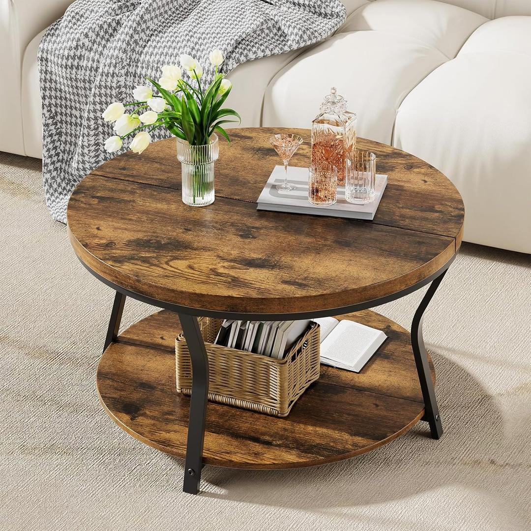 Round Coffee Tables for Living Room, Circle Wood Coffee Table, 2 Tier Industrial Modern Center Table with Thickened Tabletop and Metal Frame, 31.5 inch (Rustic Brown)