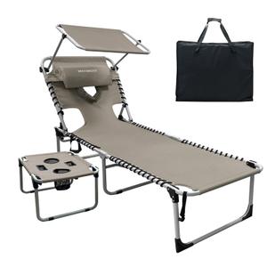 WKFAMOUT Outdoor Tanning Chair with Sun Canopy Shade & Face Hole, Folding Lounge Chair with Beach Table and Carry Bag for Poolside Sunbathing Lawn