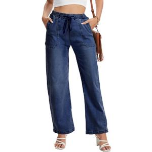 HVEPUO Women Wide Leg Jeans Stretchy Baggy High Waisted Denim Pants Pull On Straight Leg Casual Drawstring Trousers Fall 2026