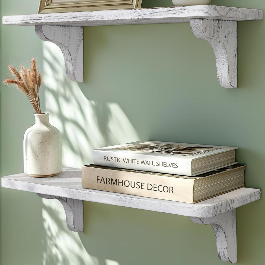 Real Wood Rustic White Wall Shelves for Bedroom - 17 inch (2 Pack) - Easy to Install, Template and Video Included - Solid Wood Floating Shelves, Farmhouse Bathroom Shelves (Wood Bracket - 2 Pack)