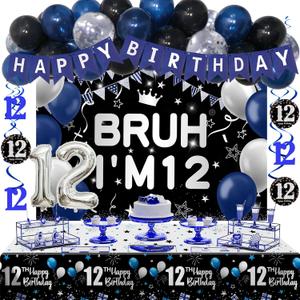 12th Birthday Decorations for Boys & Girls, 54 PCS Blue Black Party Decorations, 12 Year Old Boy Birthday Party Supplie with Banner Backdrop, Hanging Swirls, Tablecloth, Bruh I'm 12 Party Supplies