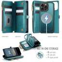 Defencase for iPhone 16 Pro Magnetic Wallet Case Compatible with Magsafe with RFID Blocking Zipper Strap Card Holder for Women Men PU Leather Detachable Case for iPhone 16 Pro (6.3 inches), Blue Green