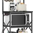 Furologee Kitchen Bakers Rack with Power Outlet, Microwave Oven Stand with Storage 4 Tiers, Coffee Bar Table with 6 S Hooks, Kitchen Storage Shelf Rack for Spices, Pots,Black
