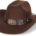 Western Cowboy Hat for Men Women Classic Roll Up Fedora Hat with Buckle Belt(Size:S-M) (Brown, M)