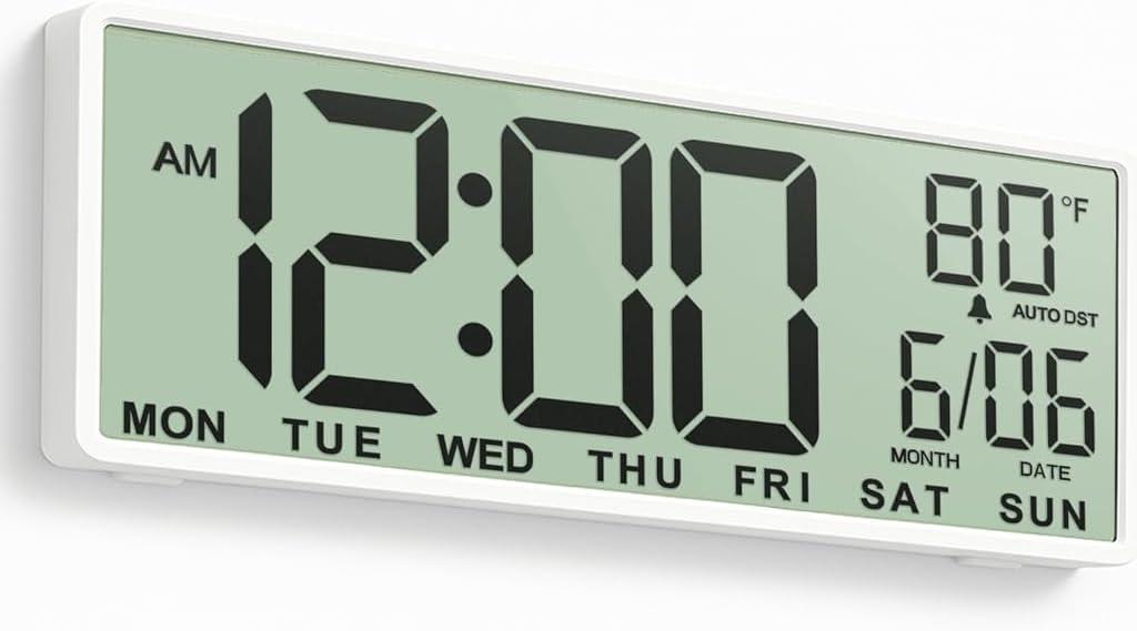 JALL 14.5" Large Digital Wall Clock Battery Operated with Big Digits LCD Screen Display, Day, Date, Alarm, Auto DST, Temperature for Living Room, Bedroom, Desk Decor, Mounted, Gift for Elderly (White)