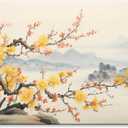 Asian Wall Art Traditional Chinese Painting Oriental Yellow Plum Blossom Canvas Pictures for Wall Decor Home Living Room Cherry Blossom Landscape Artwork Framed Ready to Hang