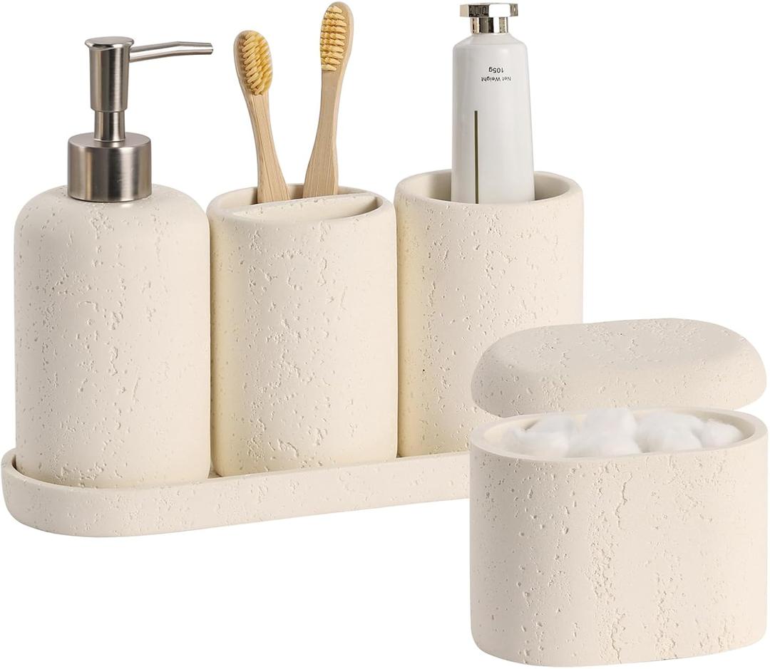 Bathroom Accessories Set, 5PCS Modern Bathroom Accessory Set with Soap Dispenser, Mouthwash Cup & Toothbrush Holder, Qtip Holder, Tray (Cream)