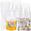 30 Sets Clear Plastic Cups 24 oz Ice Cream Buckets with Lids & Straws Disposable Drink Cups Cocktail Pails Bulk with Handles and Stickers for Outdoor Beach Birthday Pool Party(Volleyball)