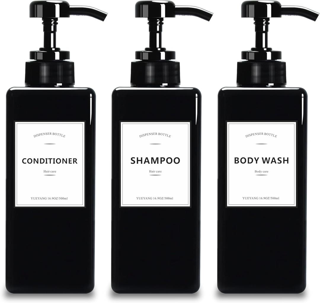 YUEYANG Black Shampoo and Conditioner Bottles, 16.9OZ Pack of 3 Empty Shower Bottles Rerefillable with Labels, Black Shower Dispenser with Pump (2.5 x 2.5 x 8 Inch)