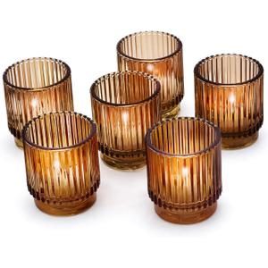 Kate Aspen Vintage Glass Tealight & Amber Votive Candle Holders (Set of 4) Rustic Fluted Candle Holder Set, Boho Home Decor, Wedding Table Centerpieces, Farmhouse Kitchen Table Decor