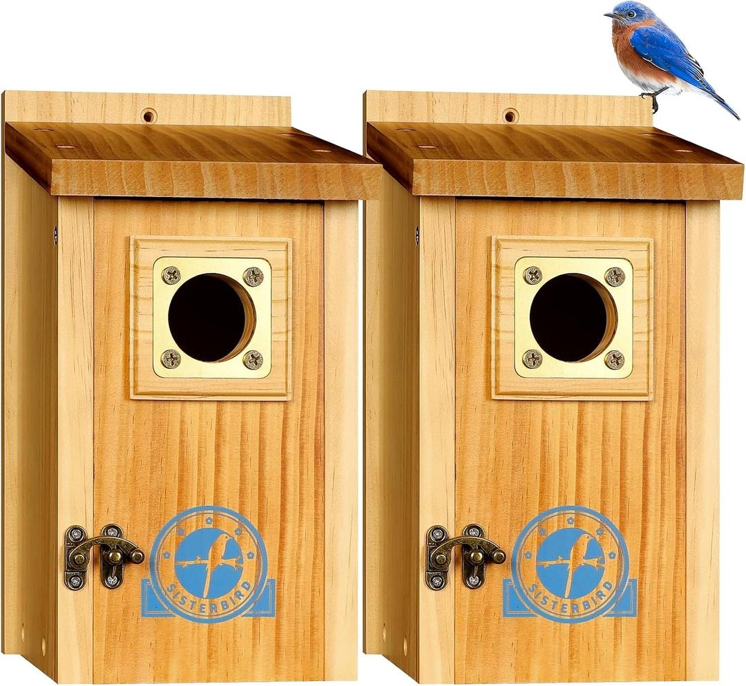 SISTERBIRD Pack of 2 Premium Bluebird Houses for Outside, Assembled Bird House Gift, Garden Decoration Bluebird House, Copper Predator Guard, Easy to Clean Bird Nesting