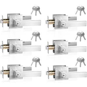 Door Handle with Lock, Keyed Entry, 6 Pack, Silver