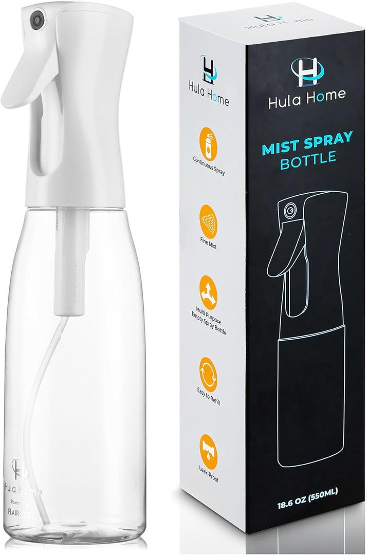 Hula Home Spray Bottle for Hair (20oz/590ml) - Powered by Flairosol Spray Technology - Continuous Ultra Fine Mist Sprayer  For Hairstyling, Cleaning, Salons, Plants, Essential Oil & More - White (16.9 Ounces)