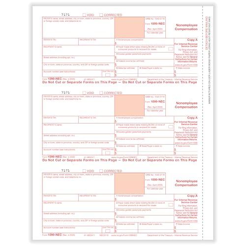 ComplyRight 1099-NEC Federal Copy A Tax Form, 3-Up,  Forms, Tax Filing Supplies
