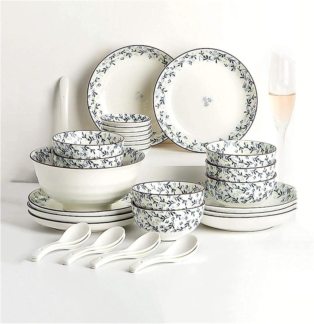 Ceramic 30 Piece Household Ceramic Dinnerware Set Elegant Blue Plant Flowers Plates and Bowl Sets, Plate Sets with Brown Handpainted Lines Ceramic
