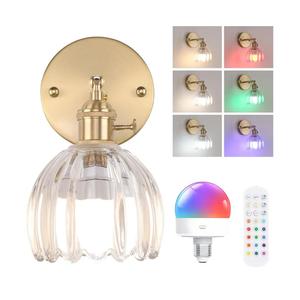Vintage Battery Operated Wall Sconce with Cute Transparent Tulip Glass Lampshade Wireless Rechargeable Battery Powered Wall Light with Remote Control for Bedside Bedroom Doorway