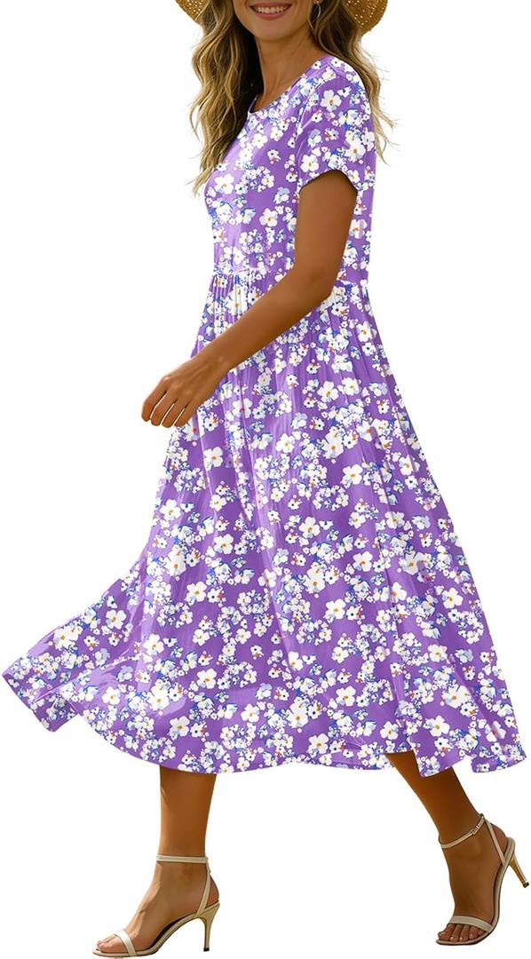 Women's Summer Casual Loose Dresses Cotton Boho Floral Midi Dress for Women Beach Vacation with Pockets HD1, Large