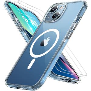 Miracase Magnetic for iPhone 13 Case 6.1 inch (Compatible with MagSafe)with 2X Screen Protectors Military-Grade Protection, Anti-Fingerprint Translucent Matte Phone Case Cover, Glitter Clear