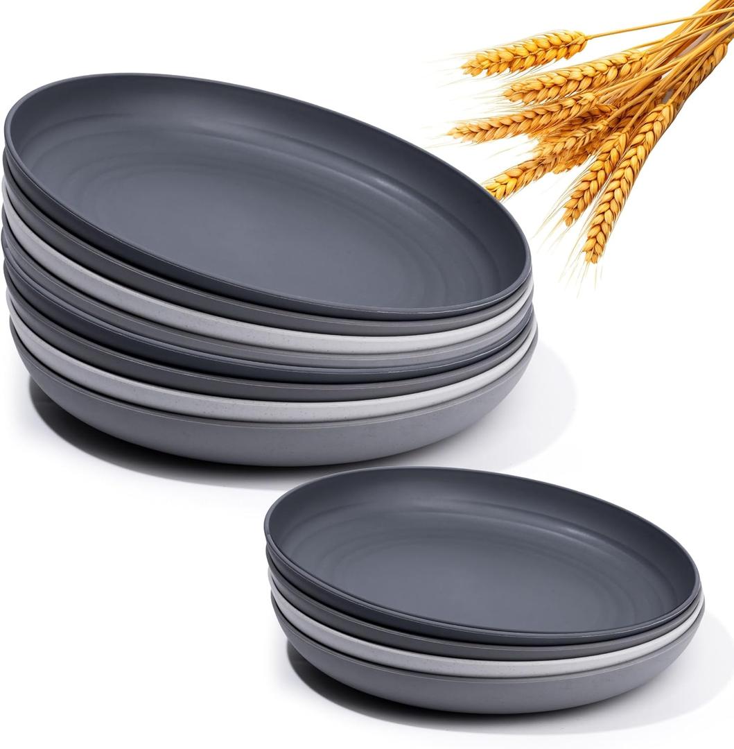 12 Pcs Wheatstraw Fiber Dinner Plates best alternative for Plastic Plates Unbreakable Plate set wheatstraw Material Microwave And Dishwsher Safe Plates In 4 Grey Stone Colors., 10 inch