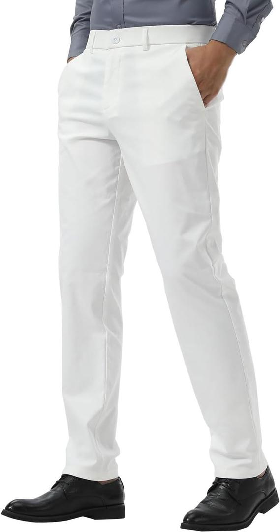 Plaid&Plain Men's Slim Fit Dress Pants Stretch Khaki Pants Wrinkle Free (White) 38Wx28L